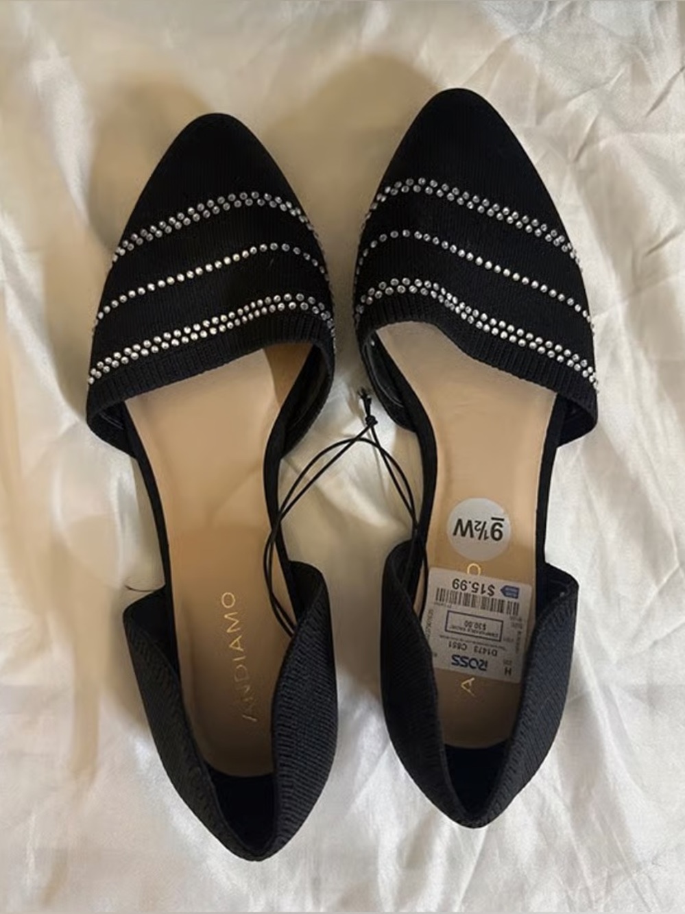 Anndiamo Black Pointed Toe D'Orsay Flats with Crystal Straps